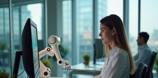 Impact de l’intelligence artificielle sur le monde du travail : analyse et tendances actuelles Femme en bureau collaborant avec une IA sur son ordinateur