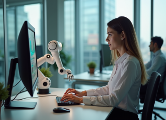 Femme en bureau collaborant avec une IA sur son ordinateur