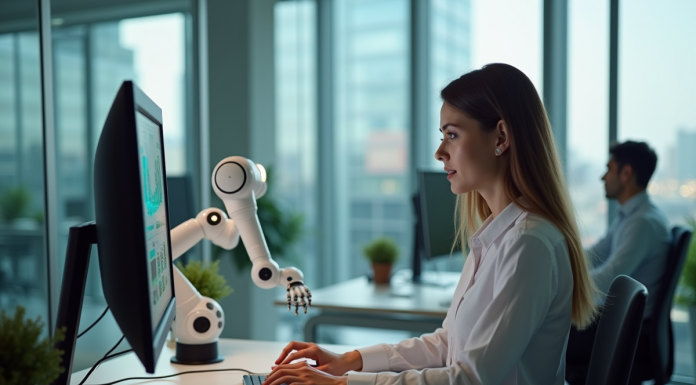 Femme en bureau collaborant avec une IA sur son ordinateur