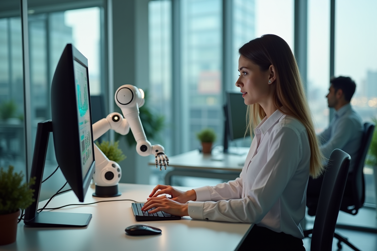 Femme en bureau collaborant avec une IA sur son ordinateur