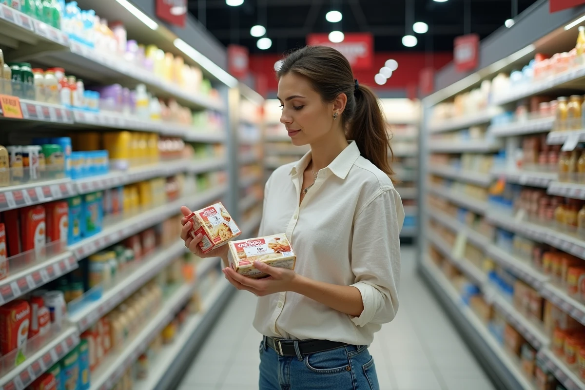 Femme comparant des produits marque repère E.Leclerc dans un rayon de supermarché