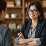 Femme confiante en boutique accueillante pour article