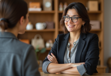 Femme confiante en boutique accueillante pour article