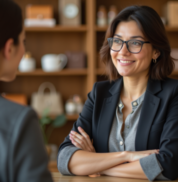 Femme confiante en boutique accueillante pour article