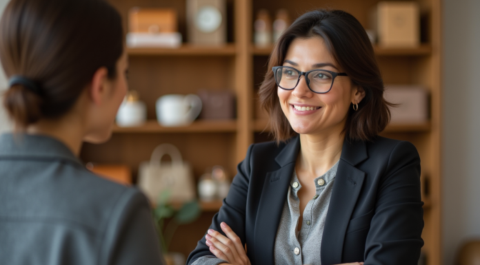 Femme confiante en boutique accueillante pour article