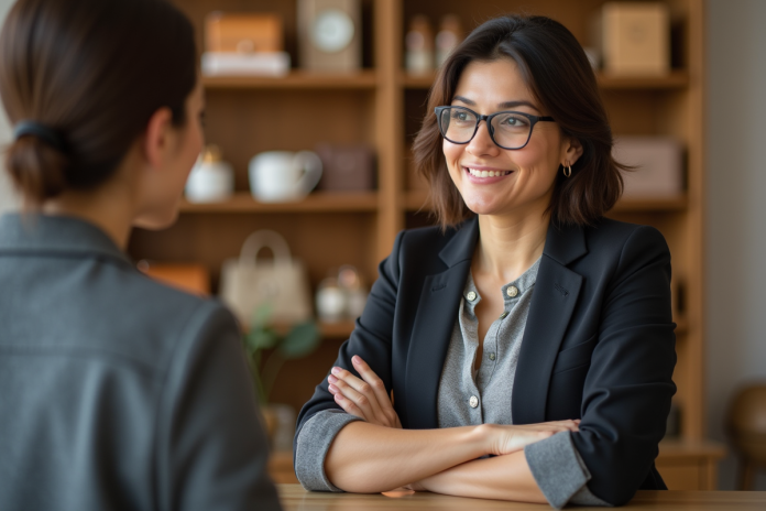 Femme confiante en boutique accueillante pour article