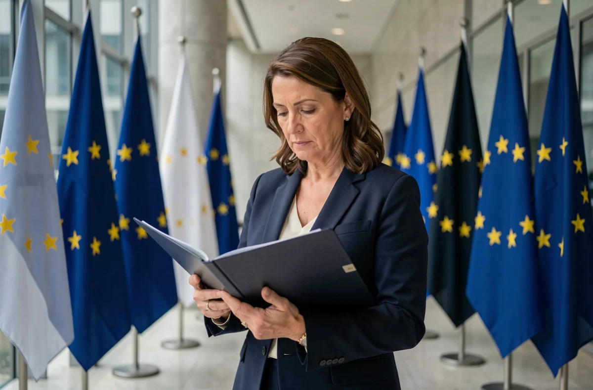 Femme consultant un document officiel de l'UE devant une rangée de drapeaux européens dans un couloir institutionnel bruxellois