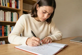 Jeune femme concentrée qui écrit dans un cahier en révisant les règles orthographiques du français à son bureau