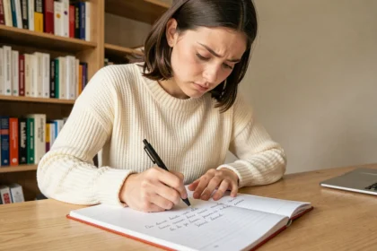 Jeune femme concentrée qui écrit dans un cahier en révisant les règles orthographiques du français à son bureau