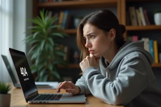 Femme frustrée devant une erreur 404 sur son ordinateur portable en tentant d'accéder au site Padraz