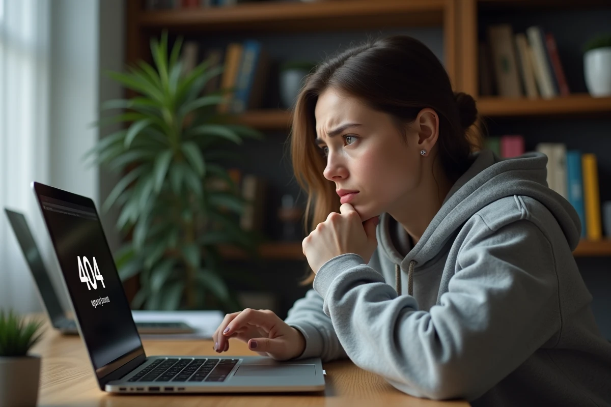 Femme frustrée devant une erreur 404 sur son ordinateur portable en tentant d'accéder au site Padraz