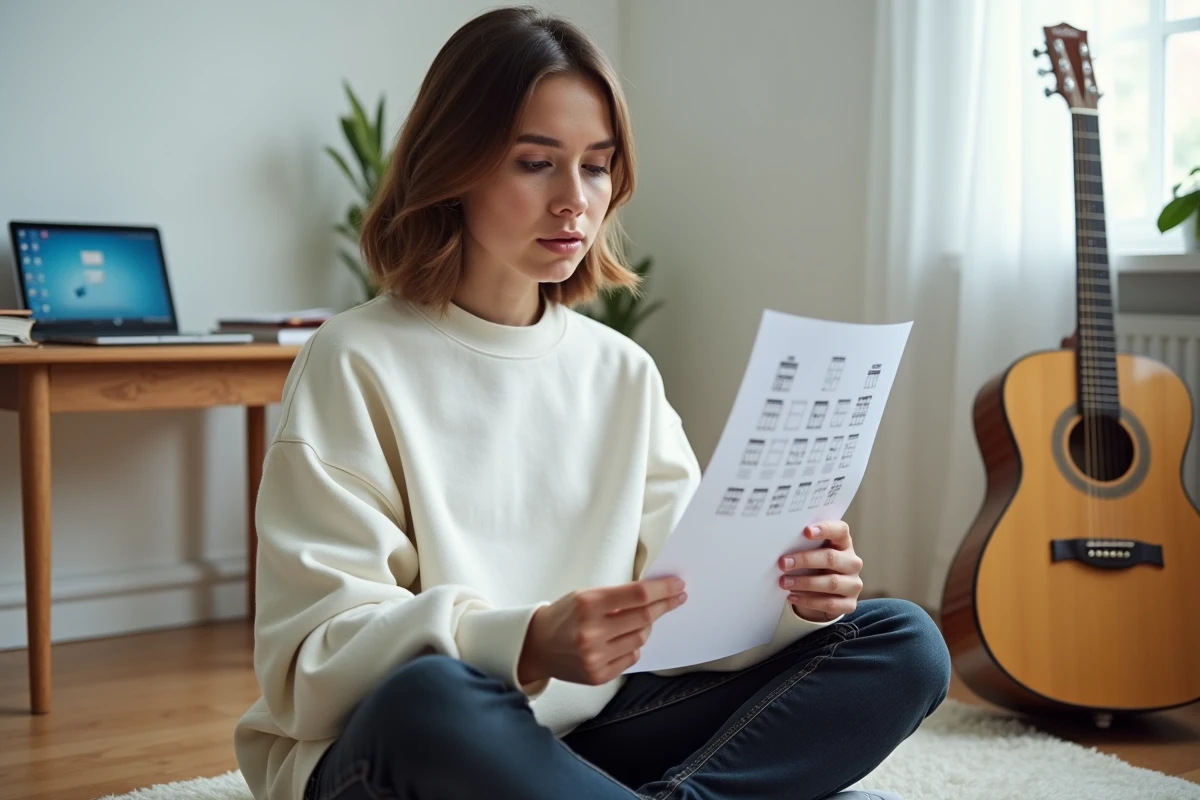 Jeune femme étudiant une grille d'accords de guitare posée sur le sol de sa chambre