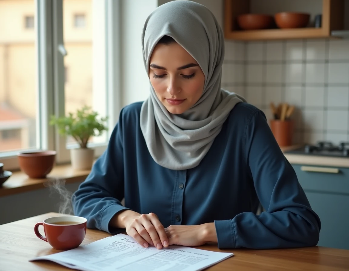 Femme en hijab consultant un tableau des heures de prière à Montpellier avec un thé à la menthe