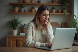 Femme inquiète regardant son ordinateur à la maison