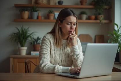 Femme inquiète regardant son ordinateur à la maison
