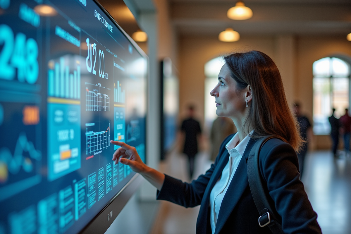 Femme explorant un kiosque digital interactif en intérieur