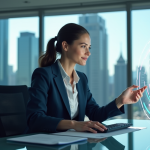 Technologie avancée : quelle est la plus innovante au monde ? Femme en costume business interagissant avec une interface futuriste