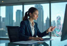 Technologie avancée : quelle est la plus innovante au monde ? Femme en costume business interagissant avec une interface futuriste