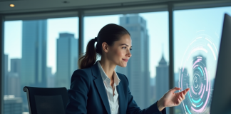 Technologie avancée : quelle est la plus innovante au monde ? Femme en costume business interagissant avec une interface futuriste