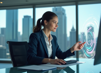 Technologie avancée : quelle est la plus innovante au monde ? Femme en costume business interagissant avec une interface futuriste