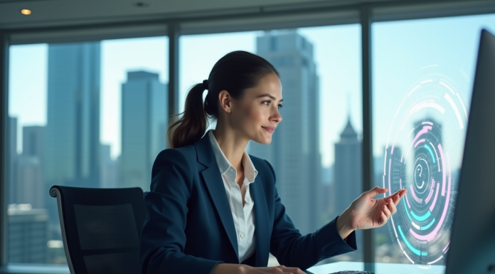 Technologie avancée : quelle est la plus innovante au monde ? Femme en costume business interagissant avec une interface futuriste