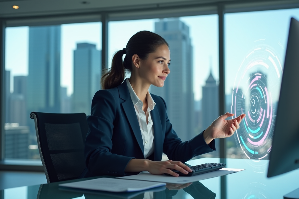 Femme en costume business interagissant avec une interface futuriste