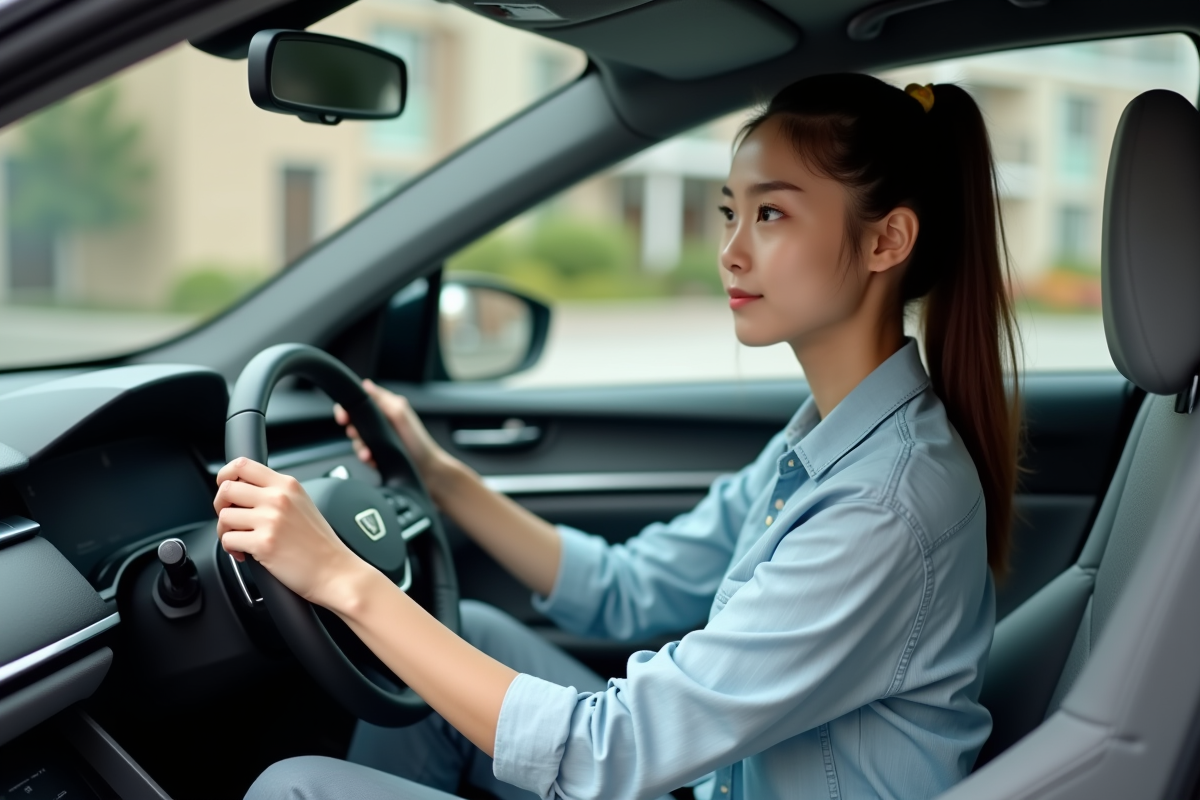 Jeune femme dans une voiture hybride en intérieur