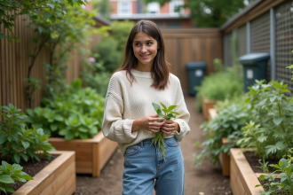 Jeune femme dans un jardin communautaire vert