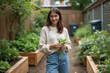 Jeune femme dans un jardin communautaire vert