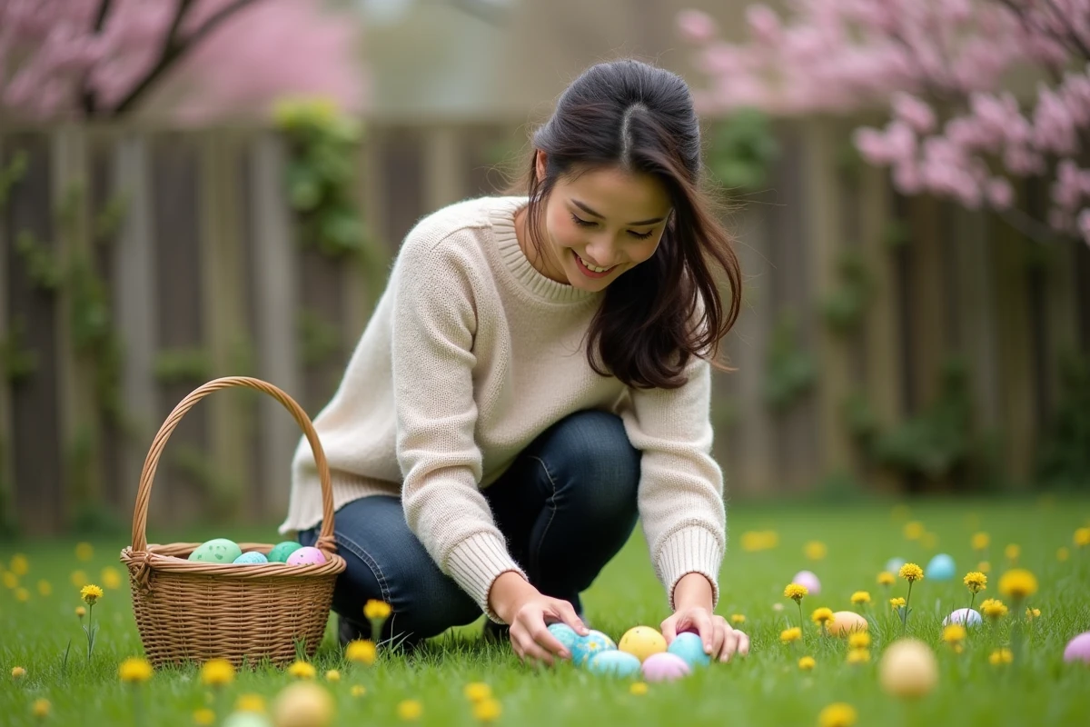 Femme déposant des œufs de Pâques peints dans l'herbe d'un jardin fleuri au printemps
