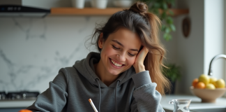 Femme souriante en journalisant ses heures de jeûne