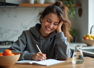 Femme souriante en journalisant ses heures de jeûne