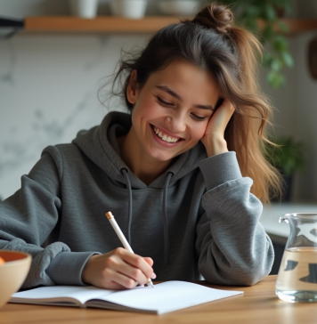 Perdre 10 kg avec le jeûne intermittent : durée idéale pour maigrir efficacement Femme souriante en journalisant ses heures de jeûne