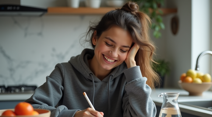 Femme souriante en journalisant ses heures de jeûne