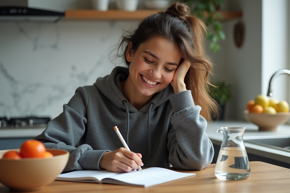 Femme souriante en journalisant ses heures de jeûne