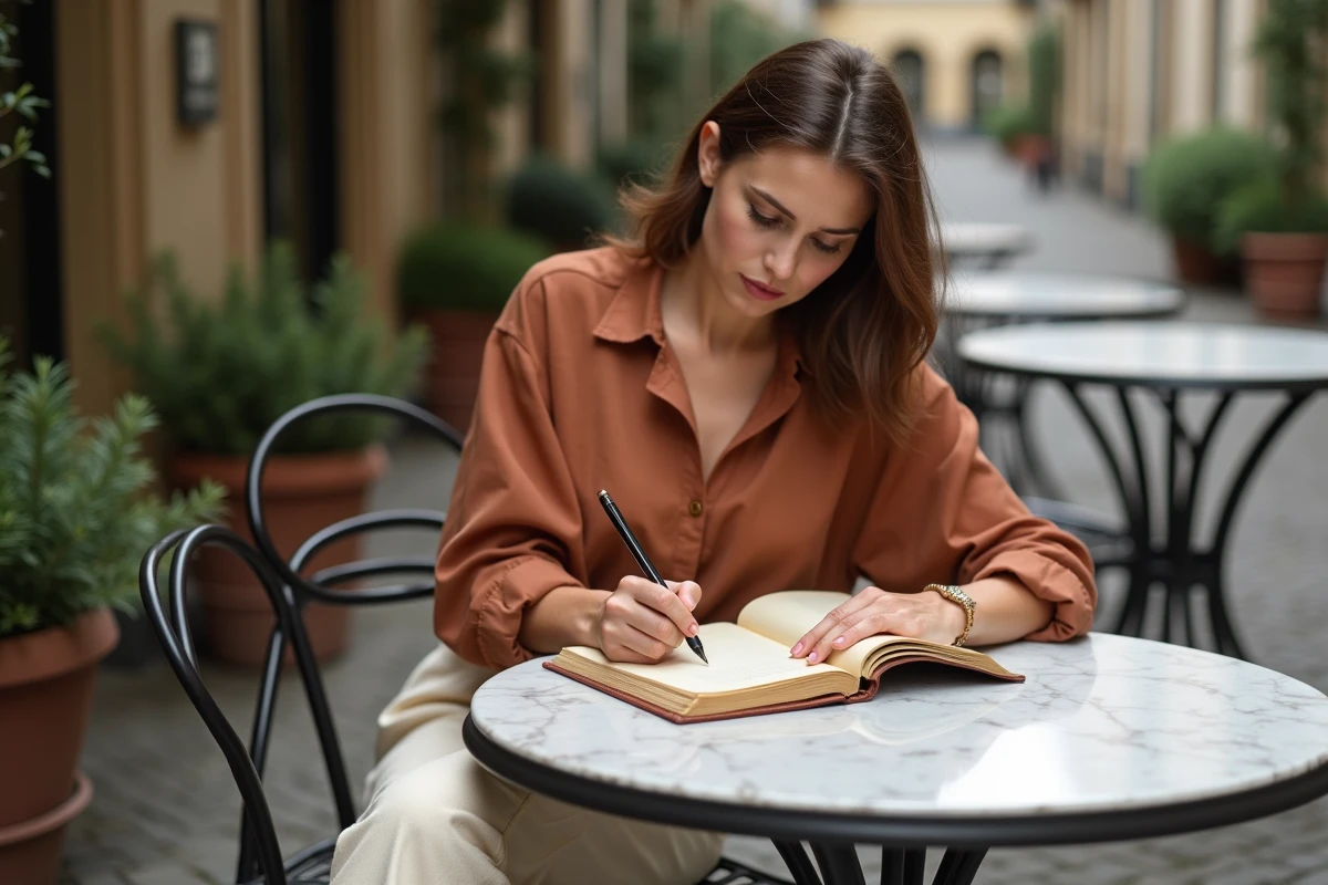 Jeune femme écrivant dans un journal astral en terrasse, illustrant l'introspection et les traits du signe du 12 juillet
