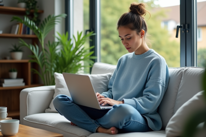 Femme assise sur un canapé avec ordinateur et plantes