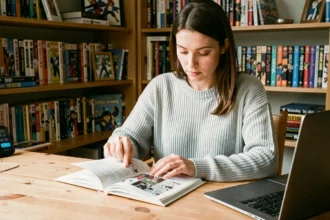 Jeune femme lisant rapidement un manga à son bureau avec une application de lecture sur ordinateur portable
