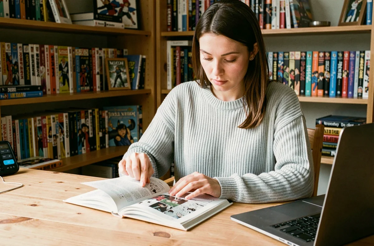 Jeune femme lisant rapidement un manga à son bureau avec une application de lecture sur ordinateur portable