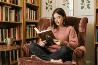 Jeune femme lisant un roman romantasy dans un fauteuil en velours entouré d'étagères de livres