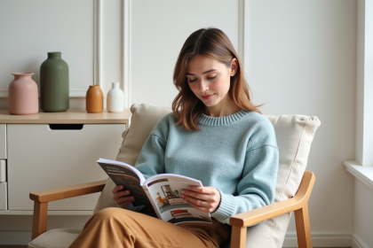 Jeune femme en laine bleue lit un magazine de design intérieur