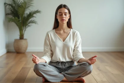 Femme méditant en silence sur un sol en bois, bouche légèrement entrouverte comme pour répéter un mantra ou une affirmation intérieure
