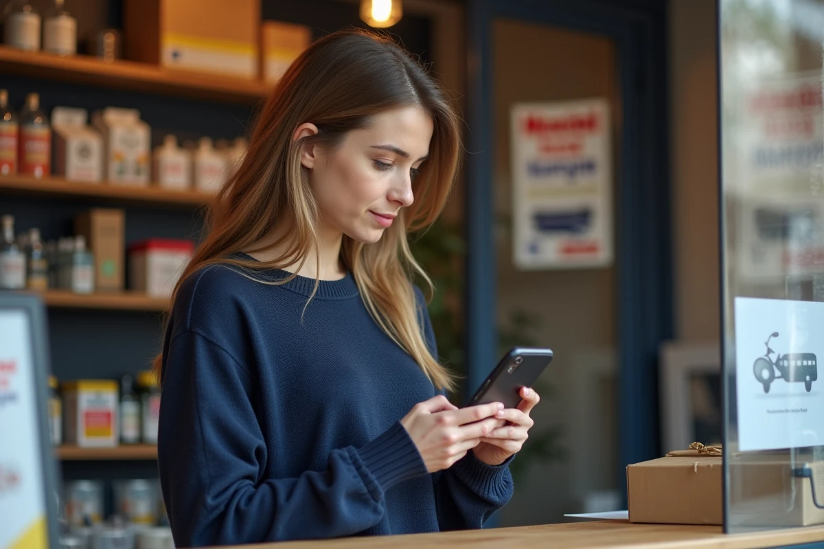 Femme consultant son téléphone pour modifier un point relais Mondial Relay dans une boutique de proximité