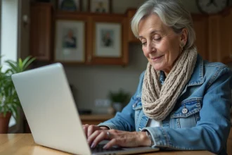 Femme d'âge moyen utilisant un ordinateur portable à la maison