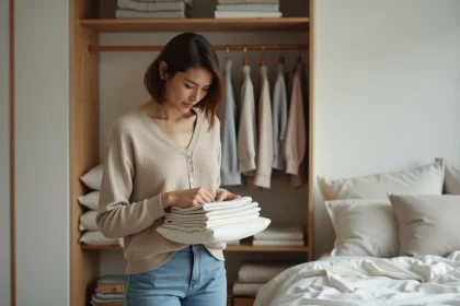 Femme organisée dans un placard minimaliste et calme