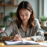 Jeune femme organisant des notes colorées sur un bureau lumineux