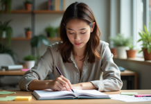 Jeune femme organisant des notes colorées sur un bureau lumineux