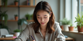 Jeune femme organisant des notes colorées sur un bureau lumineux