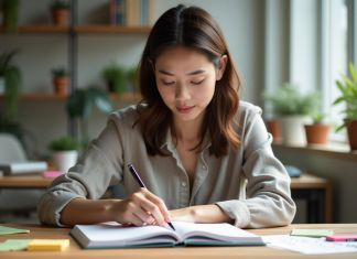 Jeune femme organisant des notes colorées sur un bureau lumineux