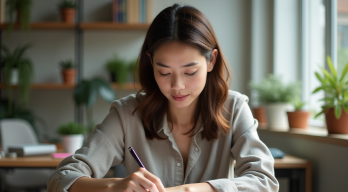Jeune femme organisant des notes colorées sur un bureau lumineux